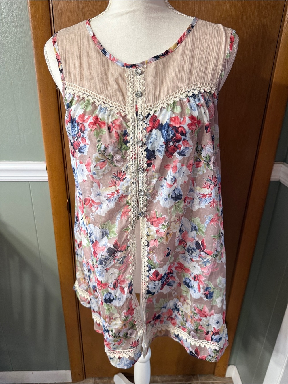 POL Floral Sleeveless Tunic - Blush with Navy & Coral Size S